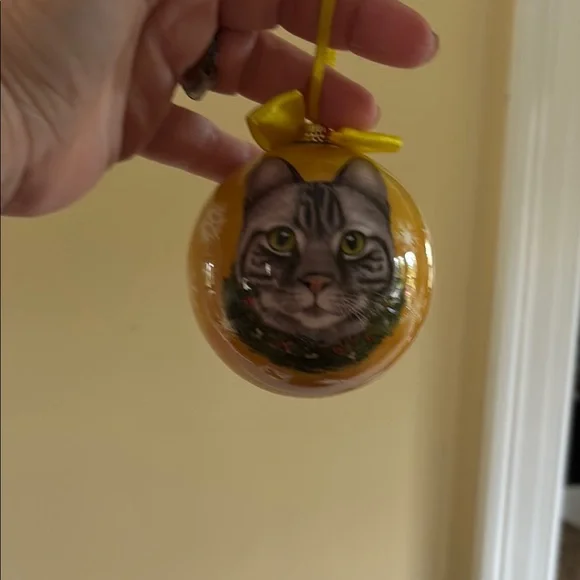 Gray Cat Yellow Ornament with Ribbon - Picture 3 of 6